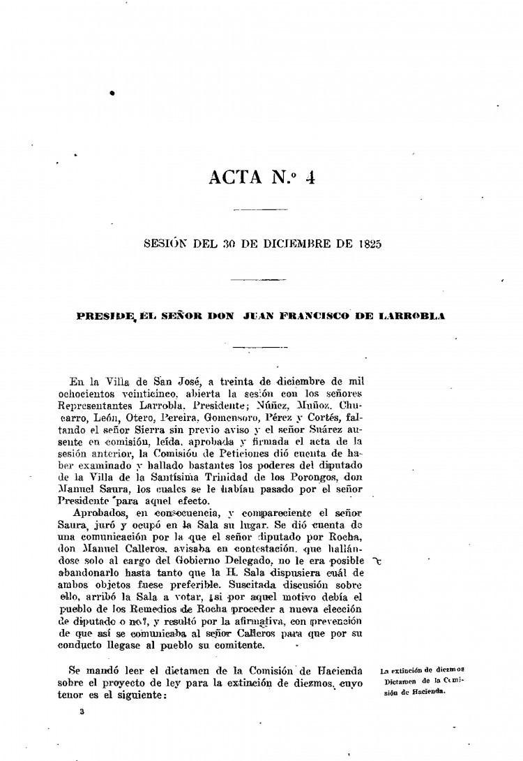 DIARIO DE SESIONES DE LA HONORABLE CAMARA DE REPRESENTANTES DE LA PROVINCIA ORIENTAL del 30/12/1825